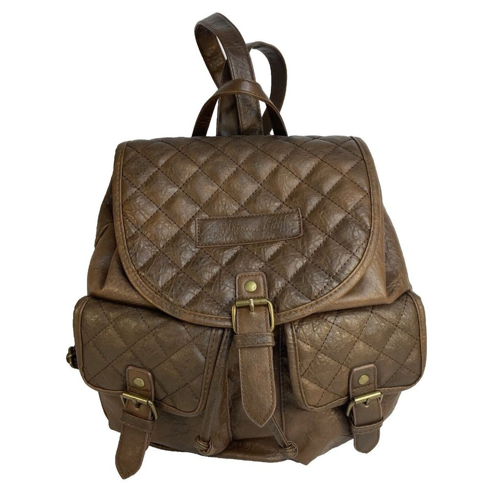 American Eagle Faux Leather Backpack Brown Quilted Lined Adjustable Straps Snaps